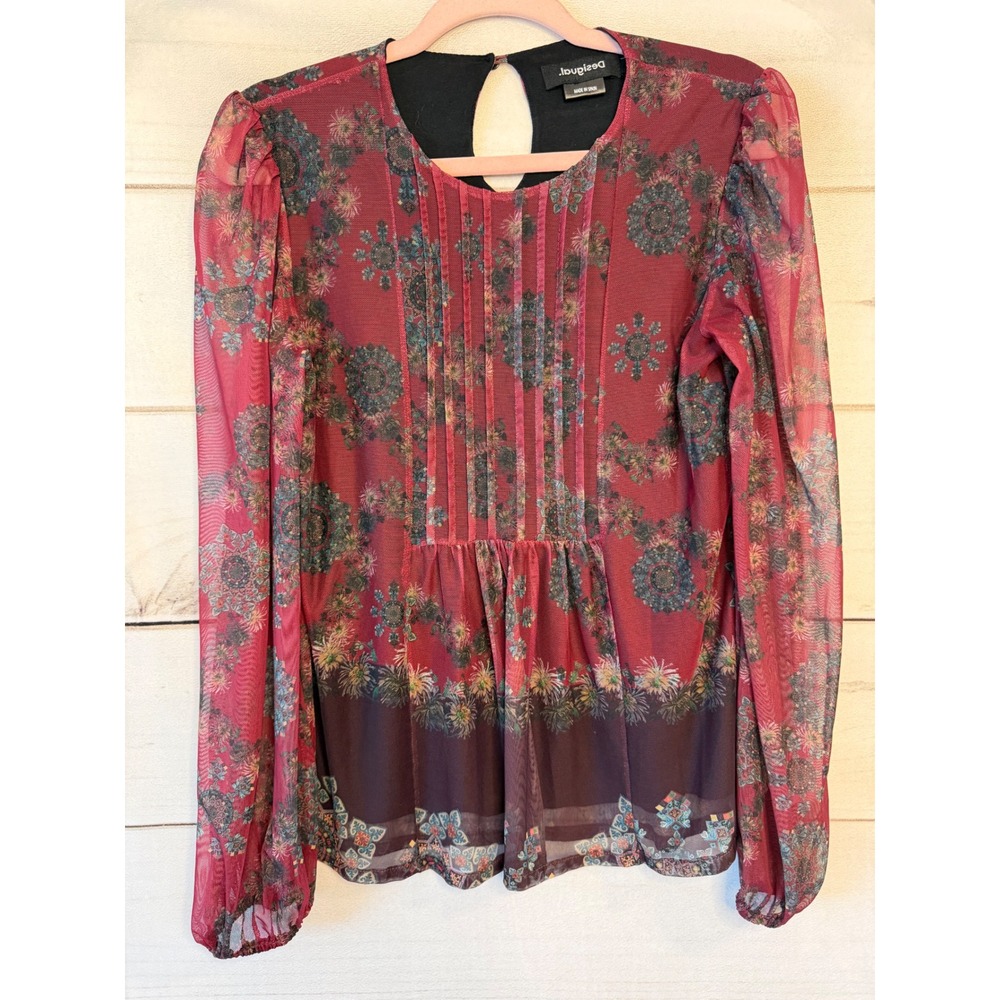 Desigual Womens Red Mandala Mesh Pleated Top 20WWTKBW Size S Boho Spain
